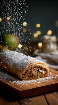 Apple strudel covered with powdered sugar creates warm dessert mood highlighting bakery texture and classic homemade pastry style