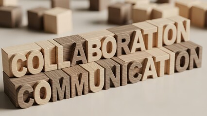 Fostering success: wooden blocks spell out 'collaboration' and 'communication' as key elements