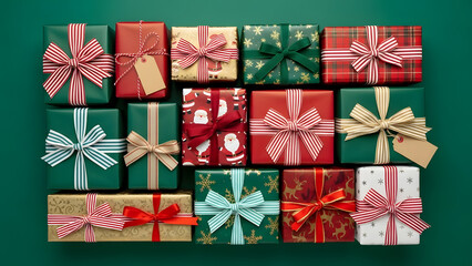Colorful Christmas gifts wrapped in festive paper with bows