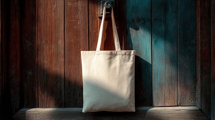 Beige Tote Bag Leaning Against Rustic Wooden Wall with Natural Lighting and Dark Splashes for Sustainable Lifestyle Concept Photography