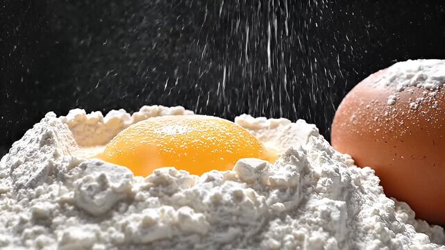 Fine white flour cascades down onto a bright yellow egg yolk nestled in a well creating the foundation for fresh homemade pasta or bread dough