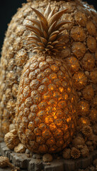Glowing pineapple sculpture made of intricate, golden materials stands illuminated against dark background, creating warm and inviting atmosphere. detailed craftsmanship highlights texture
