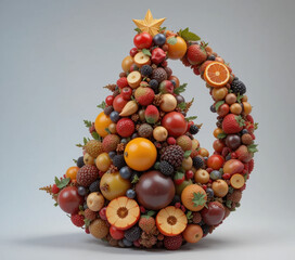 Creative arrangement of various fruits forms festive tree shape, featuring apples, oranges, berries, and more, topped with star. vibrant colors and diverse textures create visually appealing