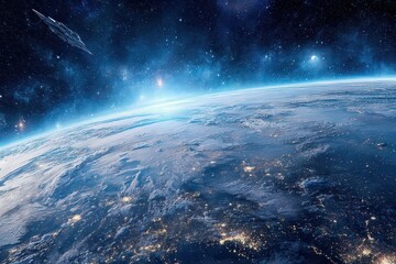 Blue Planet Earth From Space With City Lights Glowing In The Darkness Against A Starry Sky Background