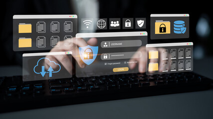 Secure login and file management interface with folder, password, and encryption icons for cybersecurity visualization Parse