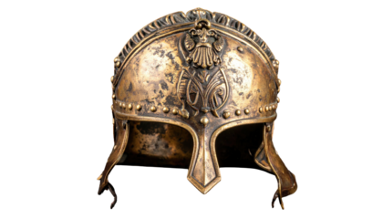 Antique bronze helm, ornate design, showing detail against black backdrop