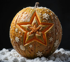 Beautifully carved pumpkin features intricate star design surrounded by snowflake patterns, resting on bed of artificial snow, creating festive and artistic display