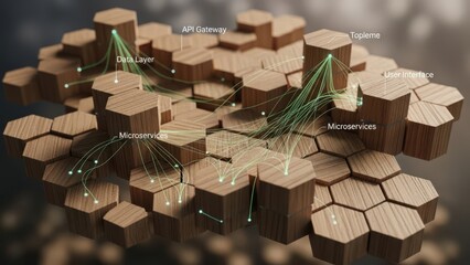 Visual representation of a microservices architecture with interconnected data flows and components