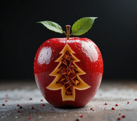 Shiny red apple with carved Christmas tree design stands on wooden surface, surrounded by small red seeds. apple glossy texture and intricate carving create festive and artistic appearance