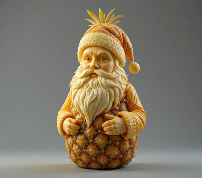 Whimsical sculpture of Santa Claus with pineapple body, blending festive cheer with tropical vibes. detailed carving showcases Santa traditional features with playful twist