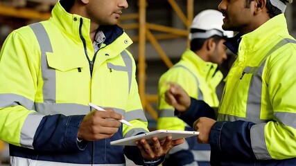 Three industrial construction workers in high visibility safety jackets collaborate using a digital tablet for site planning and quality control inspection - Powered by Adobe