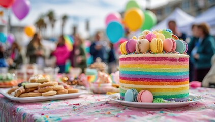 Colorful birthday cake on a table amidst a crowd