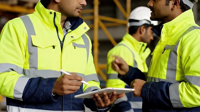 Three industrial construction workers in high visibility safety jackets collaborate using a digital tablet for site planning and quality control inspection