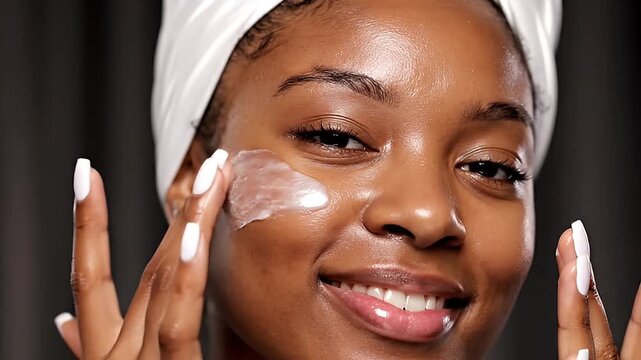 Close up of a beautiful young black woman with glowing skin applying moisturizing cream to her cheek after a spa treatment or shower