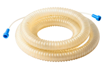 Coiled transparent plastic corrugated hose with blue ends isolated on a transparent background