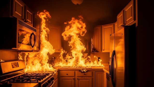 Intense kitchen fire engulfs modern cabinets and stainless steel appliances creating a dangerous emergency scene