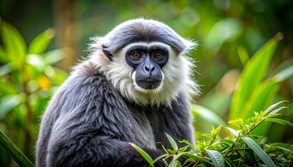 Obraz premium A Silvery gibbon (Owa jawa) with white fur and a dark face sits high in a jungle tree, looking through the forest greenery of its natural Asian wildlife habitat