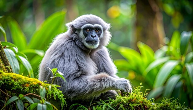 A Silvery gibbon (Owa jawa)  with white fur and a dark face sits high in a jungle tree, looking through the forest greenery of its natural Asian wildlife habitat
