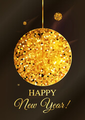 New Year with Christmas Glitter Golden Ball Vector Card