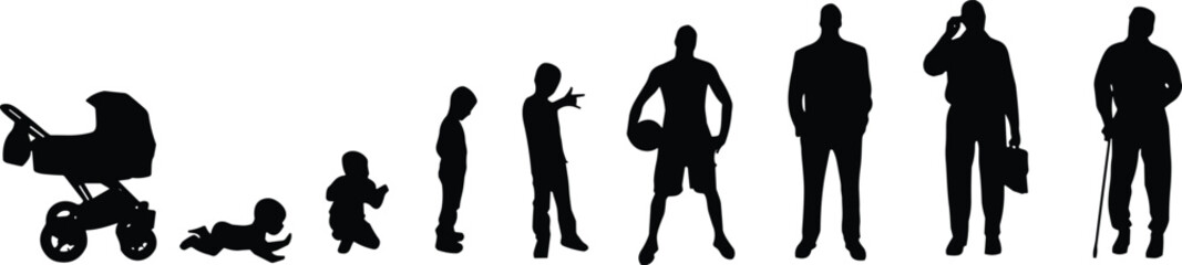 Silhouettes of human life stages from baby to elderly showing growth, aging, and life progression in side view