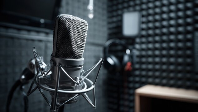 Professional microphone in a recording studio.