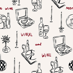 Vintage hand drawn vinyl and wine background