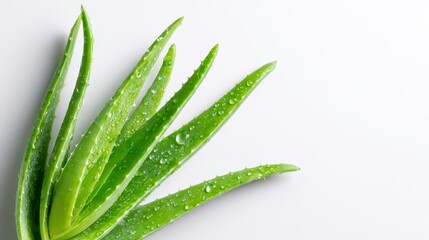 Obraz premium A close-up shot of vibrant green aloe vera plant leaves, glistening with water droplets, against a bright white background