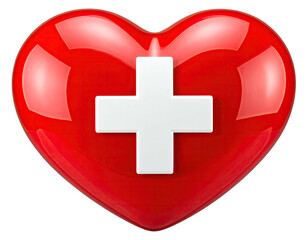 Shiny red heart shape with a white cross, isolated on black