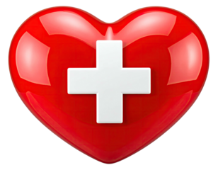 Shiny red heart shape with a white cross, isolated on black