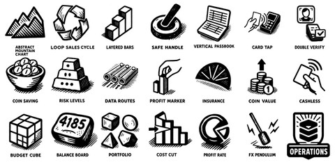 Obraz premium 金融・ビジネスオペレーションの抽象アイコンセット、Abstract Finance & Business Operations Icons Set.