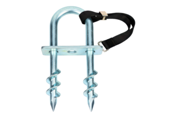 Galvanized steel ground anchor kit with spiral spikes and strap isolated on a transparent background