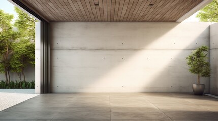 Bright Minimalist Open Courtyard Space Featuring Concrete Walls, Wooden Ceiling, and Sunlit Shadows