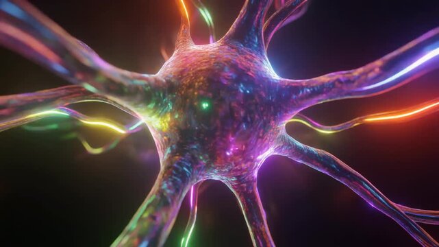 Neuron cell with glowing electrical activity, perfect for science articles, medical presentations, or educational materials on neuroscience and brain function.