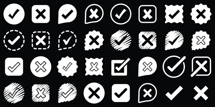 Checkmark and X mark icon. check and uncheck icon vector.  Correct error vector symbol. Vote checkmark in circle and square box. Vector illustration.