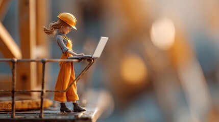 Female Engineer in Action: A determined female engineer, clad in protective gear, concentrates intently on a laptop at a construction site. This image captures dedication, precision.