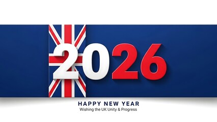 Happy New Year 2026 UK Union Jack Flag Greeting Card for Great Britain Wishing Unity and Progress in 2026 Featuring the Union Flag Colors and Bold New Year Typography Banner Design for Social Media