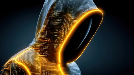 Futuristic faceless hacker wearing a hoodie with glowing digital data code for cybersecurity and virtual identity concept
