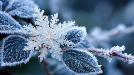 Closeup of a Snowflake on Frosted Leaves with Soft Blue Background