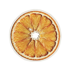 A close-up shot of a dried orange slice on a white background, viewed from directly above.