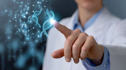 Unveiling the Genetic Code: A doctor's hand interacting with a holographic representation of DNA strands, symbolizing medical innovation, progress, and the wonders of science.