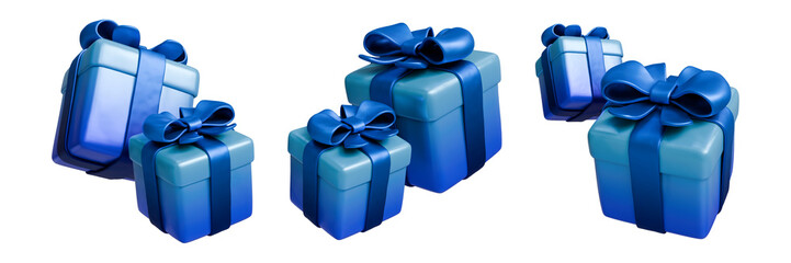 3D Illustration of cyan blue and navy blue gradient gift boxes with royal blue ribbon bows in transparent background
