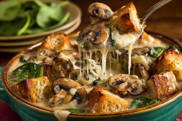 Creamy Spinach Mushroom Bake with Crusty Bread Topping in Rustic Green Bowl