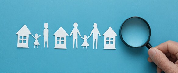 A hand holding a magnifying glass examines a row of paper cutout people and houses.