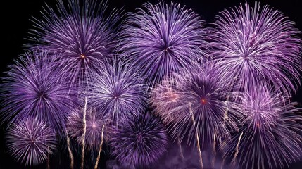 Dramatic Fireworks Display Against Dark Night Sky With Purple Bursts and Trailing Sparks for Celebration