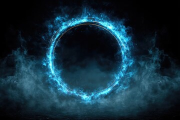 Circular, glowing, blue flame ring on dark smoky background