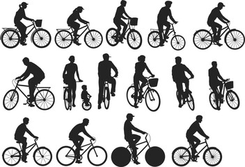 Obraz premium Assortment of Silhouettes of People Riding Bicycles in Different Scenarios Keywords: bicycle, cycling, silhouette, rider, person