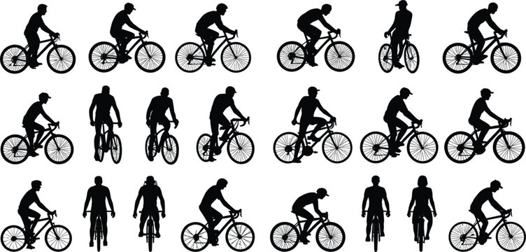 Assortment of Male Cyclist Silhouettes in Different Riding Positions bicycle