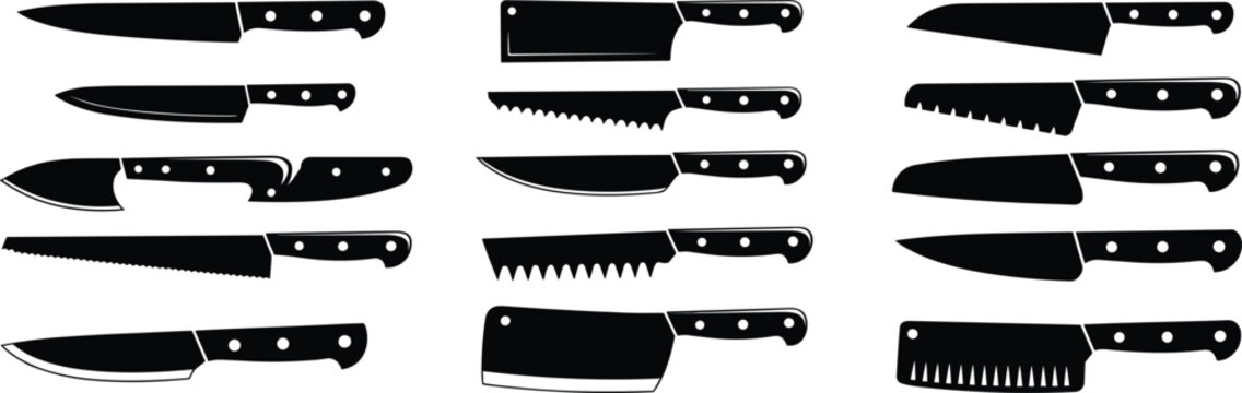 Collection of black kitchen and butcher knives and cleavers silhouettes Keywords: knife, kitchen knife, butcher knife, cleaver