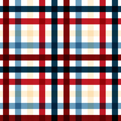 A seamless, modern geometric plaid pattern featuring a classic combination of red, navy blue, light blue, and cream colors