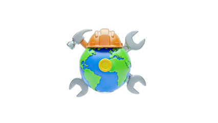World Repair: Globe with Tools and Helmet on White Background